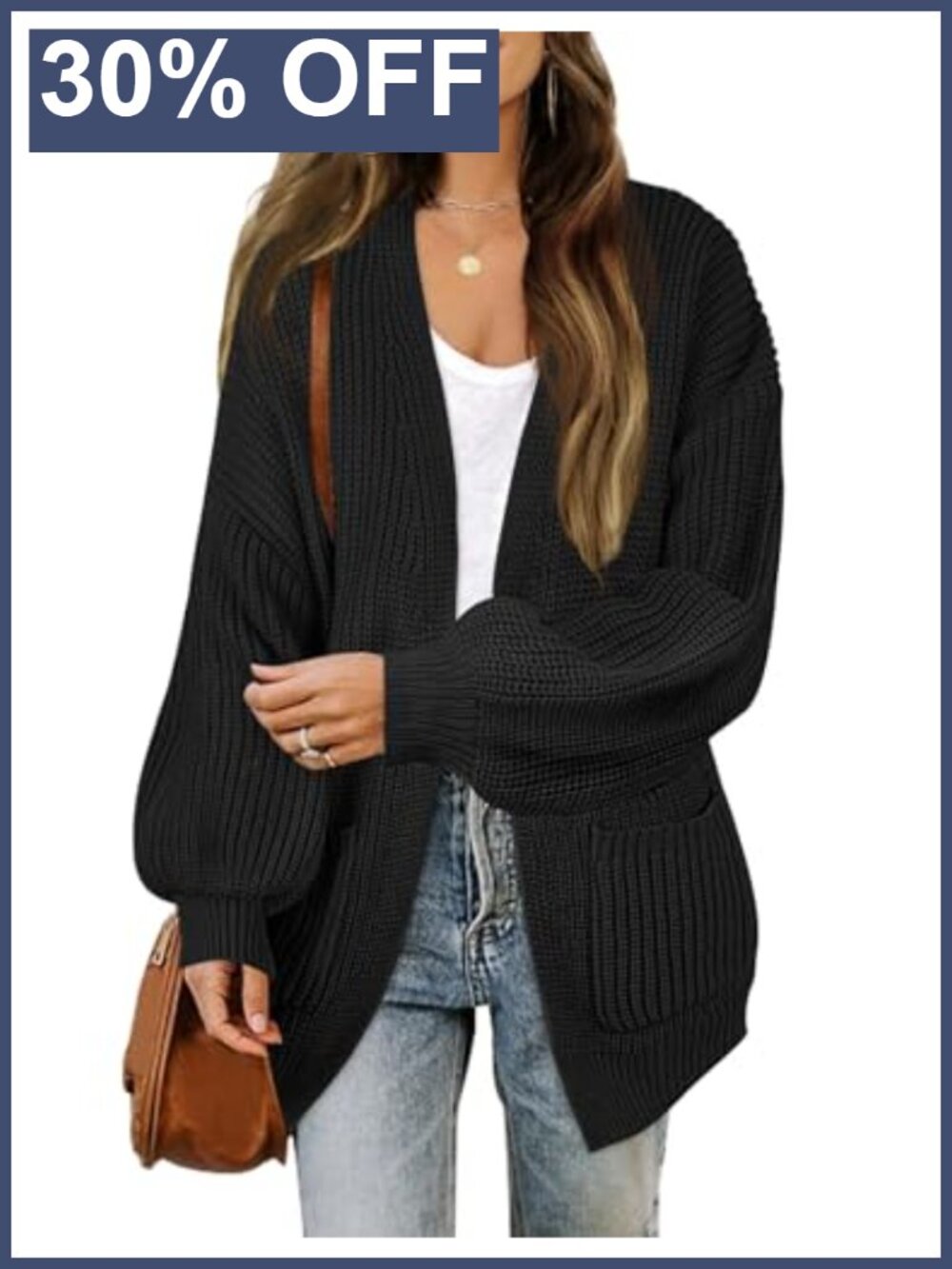 Oversized Lantern Sleeve Open Front Cardigan Sweater Loose Knit